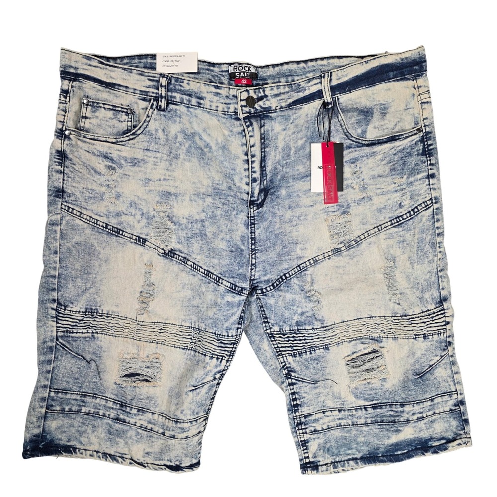 Rock Salt‎ Moto Denim Shorts Distressed Acid Wash Mens 42 NWT Cybercore Punk